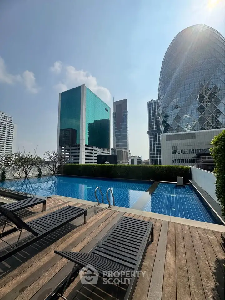 Luxurious rooftop pool with stunning cityscape views in a modern urban setting.