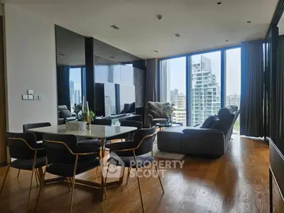 Luxurious modern living room with stunning city view and elegant furnishings.