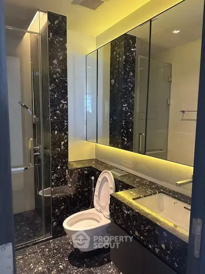 Luxurious modern bathroom with elegant black marble and glass shower