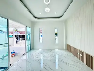 Modern empty living room with glossy marble floor and large windows