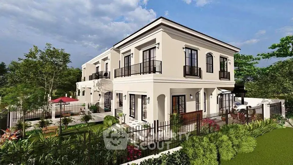 Elegant two-story villa with lush garden and spacious outdoor area, perfect for luxury living.