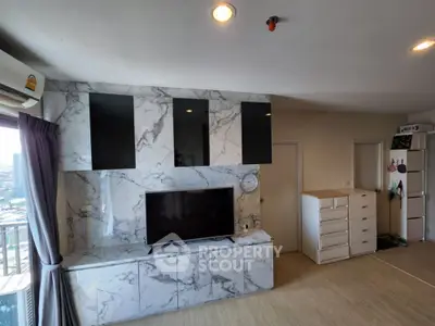Modern living room with marble TV wall and panoramic city view