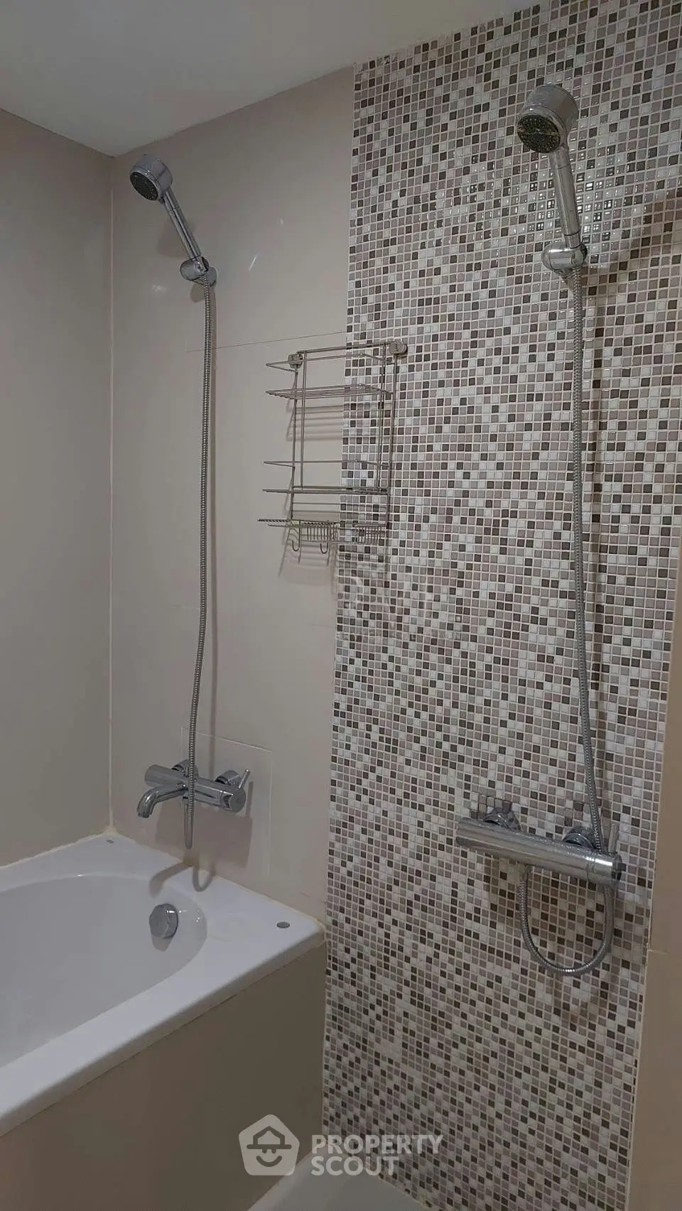 Modern bathroom with stylish mosaic tile shower and bathtub