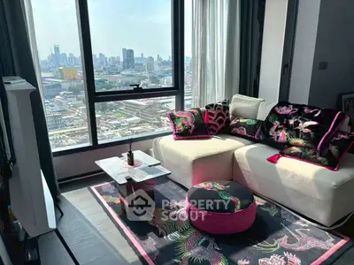 Stylish living room with panoramic city view and chic decor
