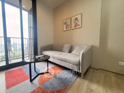 Modern living room with cozy sofa and city view balcony