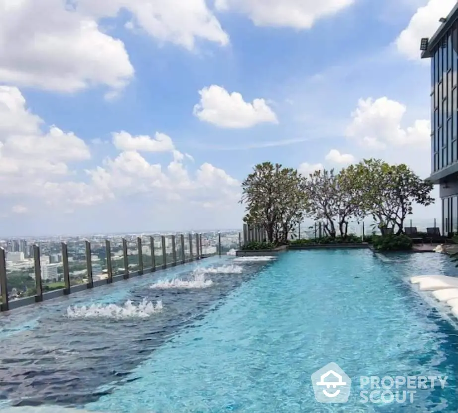 Luxurious rooftop pool with stunning city views and clear blue skies.