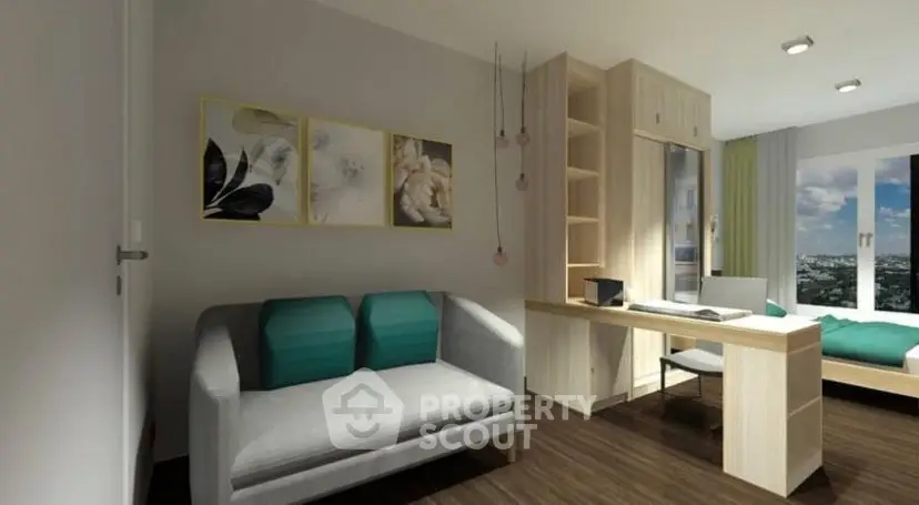 Modern studio apartment with stylish decor and city view, featuring a cozy living area and workspace.