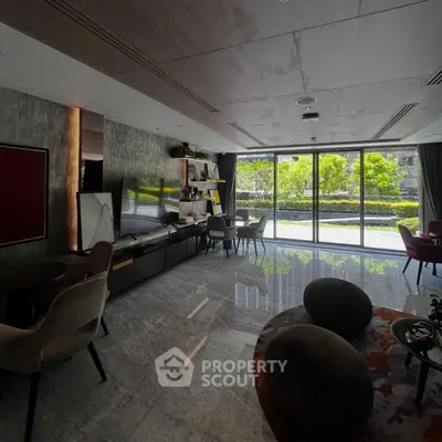 Luxurious modern living room with floor-to-ceiling windows and elegant decor