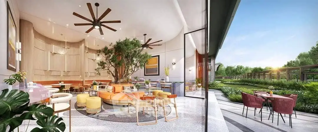 Luxurious modern living room with garden view and stylish decor