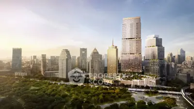 Stunning cityscape view with modern skyscrapers and lush green park, perfect for urban living.