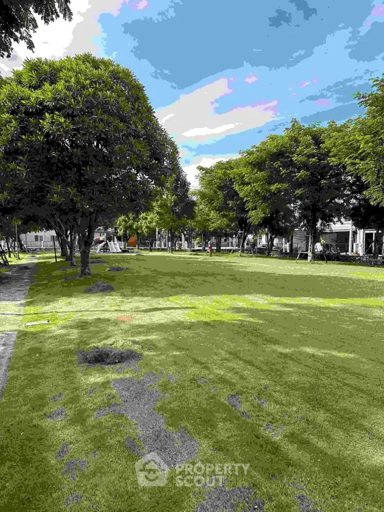 Spacious green garden with lush trees in a serene residential area.