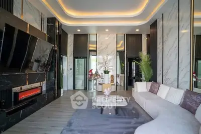 Luxurious modern living room with elegant marble walls and stylish curved sofa