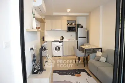 Modern open-plan living room with kitchen, featuring washing machine and stylish decor.