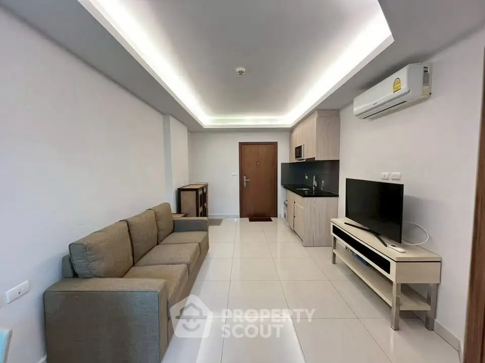 Modern living room with sleek furniture and integrated kitchen area, featuring a comfortable sofa and flat-screen TV.