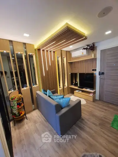 Modern living room with stylish wooden accents and cozy seating area