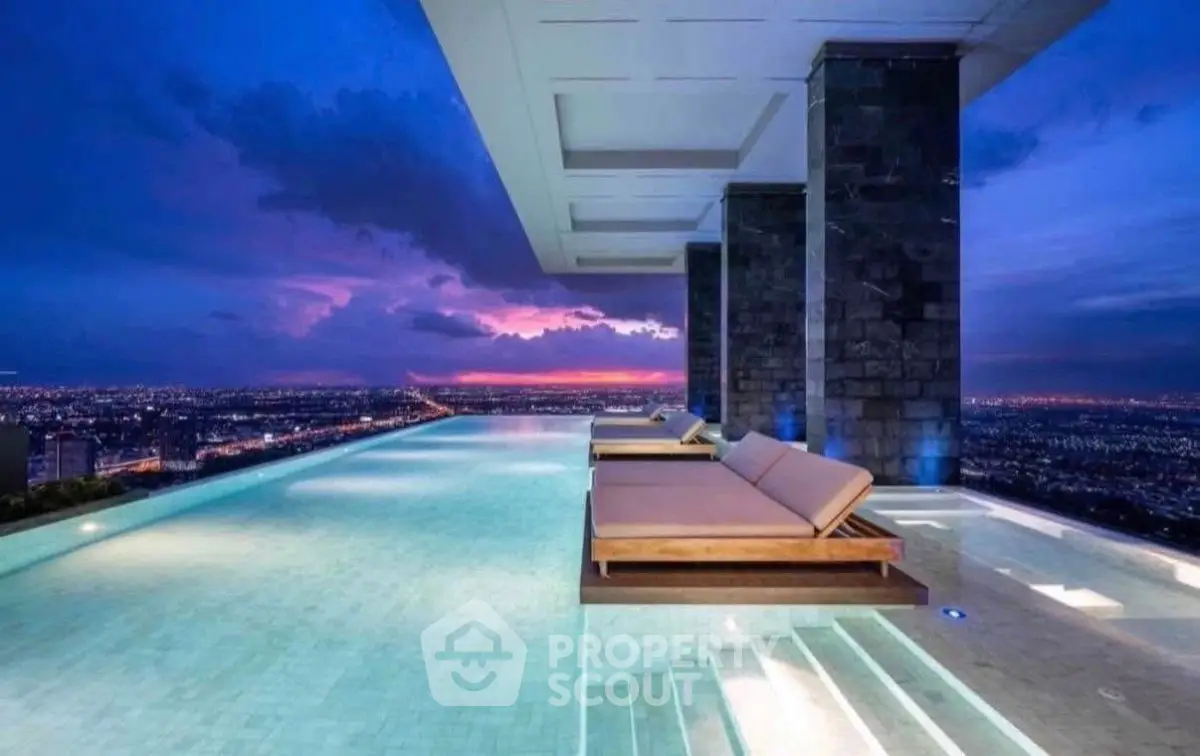 Luxurious rooftop infinity pool with stunning city skyline view at sunset.