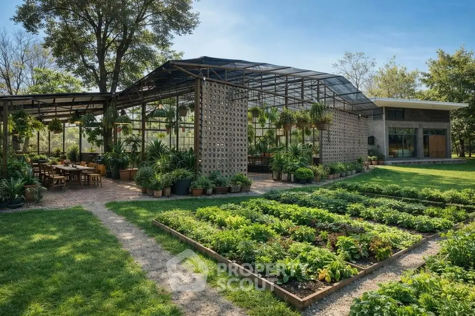 Stunning garden view with modern greenhouse and lush landscaping