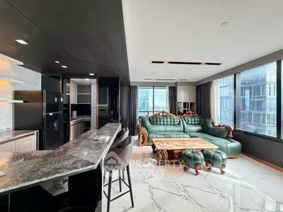 Luxurious modern living room with elegant green sofa and marble flooring, featuring panoramic city views.
