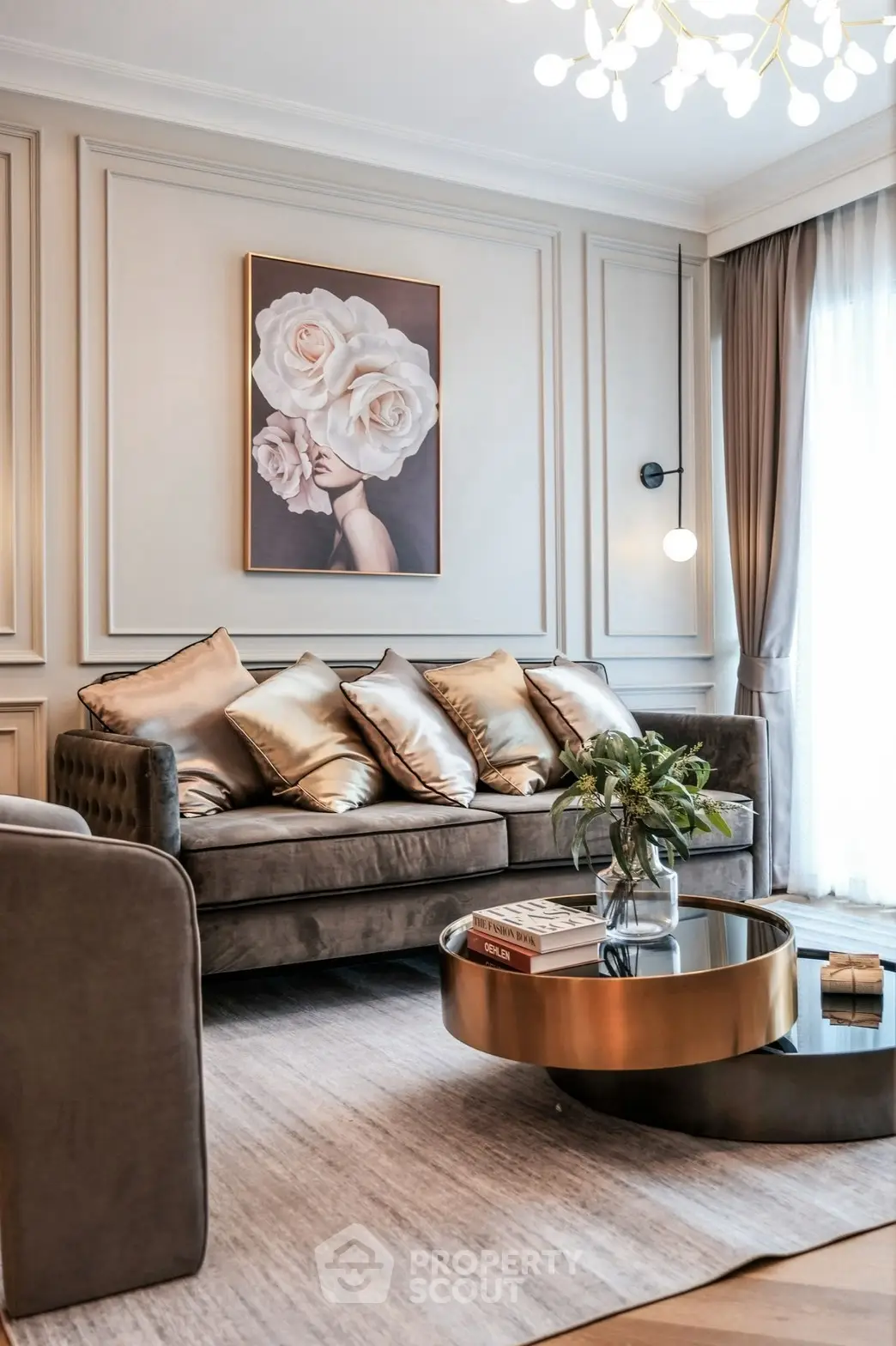 Luxurious living room with elegant decor and plush sofa