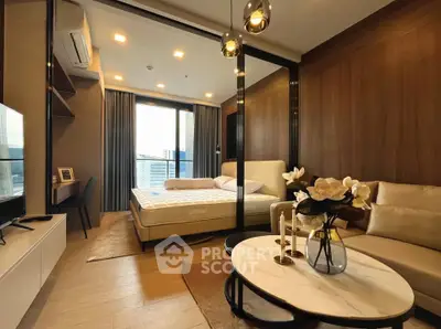 Luxurious modern bedroom with elegant decor and city view balcony, perfect for urban living.