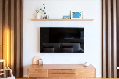 Modern living room with sleek TV setup and stylish decor