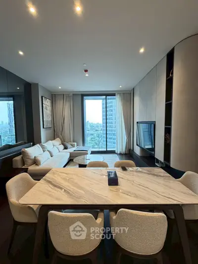 Luxurious modern living room with city view and elegant furnishings