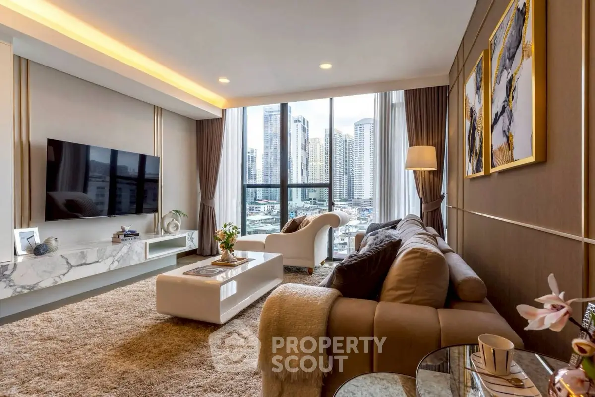 Luxurious living room with stunning city view, modern decor, and cozy ambiance.