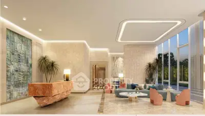 Luxurious modern lobby with elegant seating and large windows offering garden views.