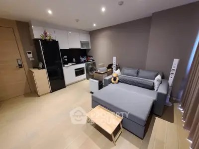 Modern living room with sleek kitchen, cozy gray sofa, and stylish decor in open-concept apartment.