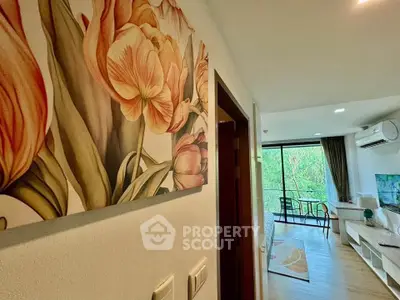 Stylish modern living room with floral wall art and large window view