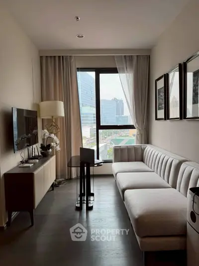Modern living room with stylish sofa and city view window in urban apartment