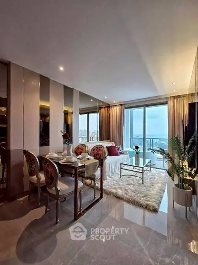 Luxurious open-plan living room with dining area and stunning city view