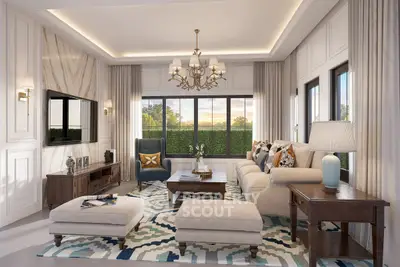 Luxurious living room with elegant decor and large windows offering a stunning garden view.