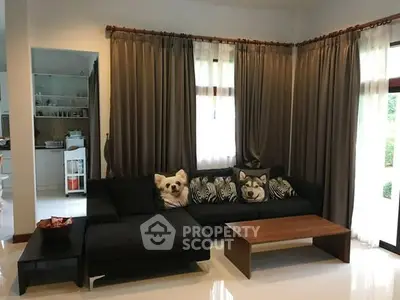 Cozy living room with stylish sofa and dog-themed cushions, perfect for relaxation.