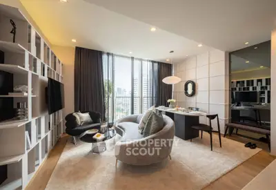 Luxurious modern living room with city view, elegant furniture, and stylish decor