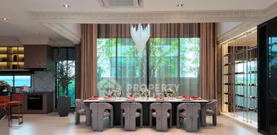 Luxurious dining room with elegant chandelier and wine display