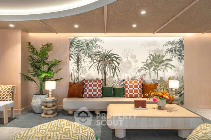 Stylish living room with tropical decor and modern furniture