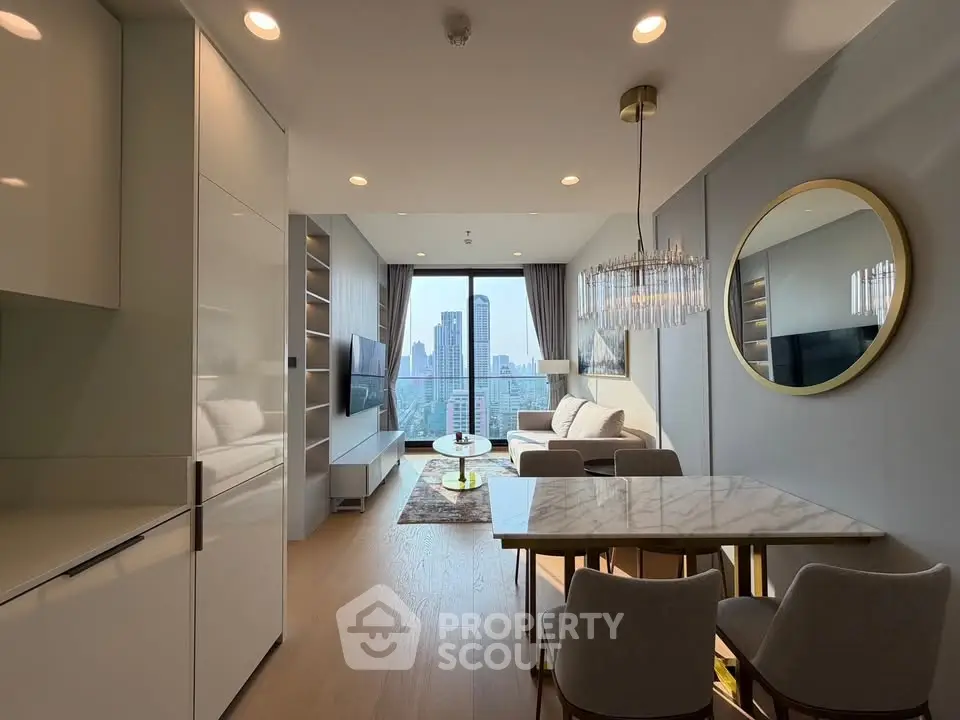 Luxurious modern living room with city view, elegant decor, and open layout in high-rise apartment.