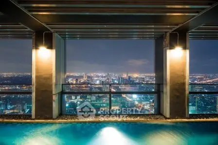 Luxurious rooftop pool with stunning city skyline view at night.