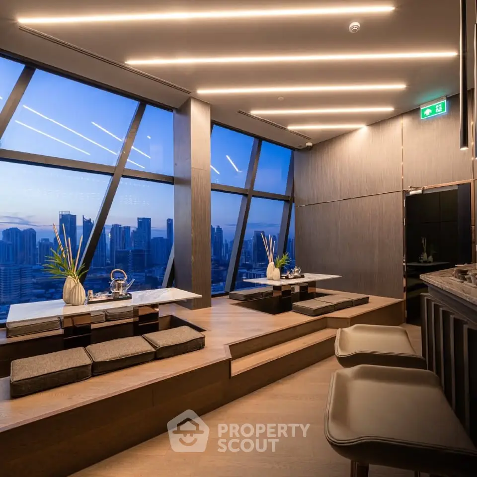 Luxurious modern interior with panoramic city views and elegant seating area.