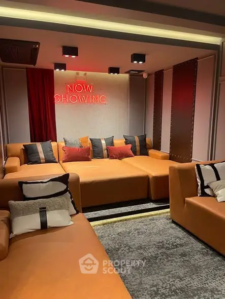 Luxurious home theater with cozy seating and stylish decor