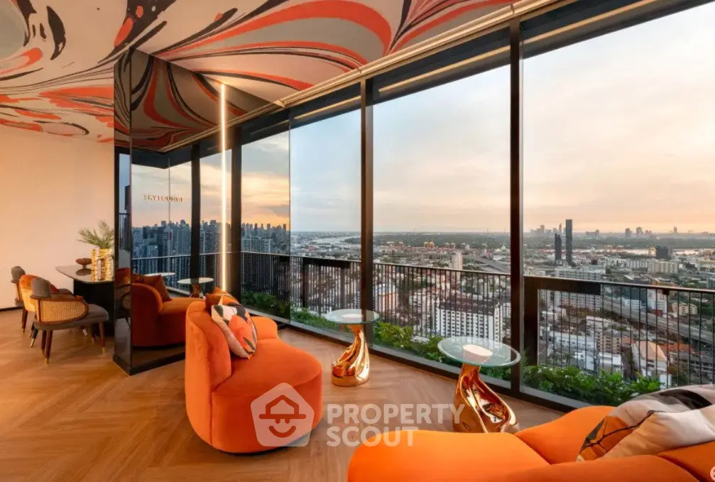 Luxurious living room with panoramic city view and stylish orange decor
