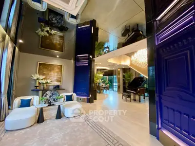 Luxurious modern living room with elegant decor and grand piano, perfect for sophisticated gatherings.