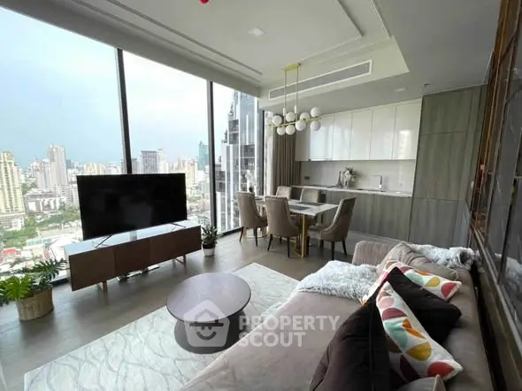 Luxurious living room with panoramic city views and modern decor