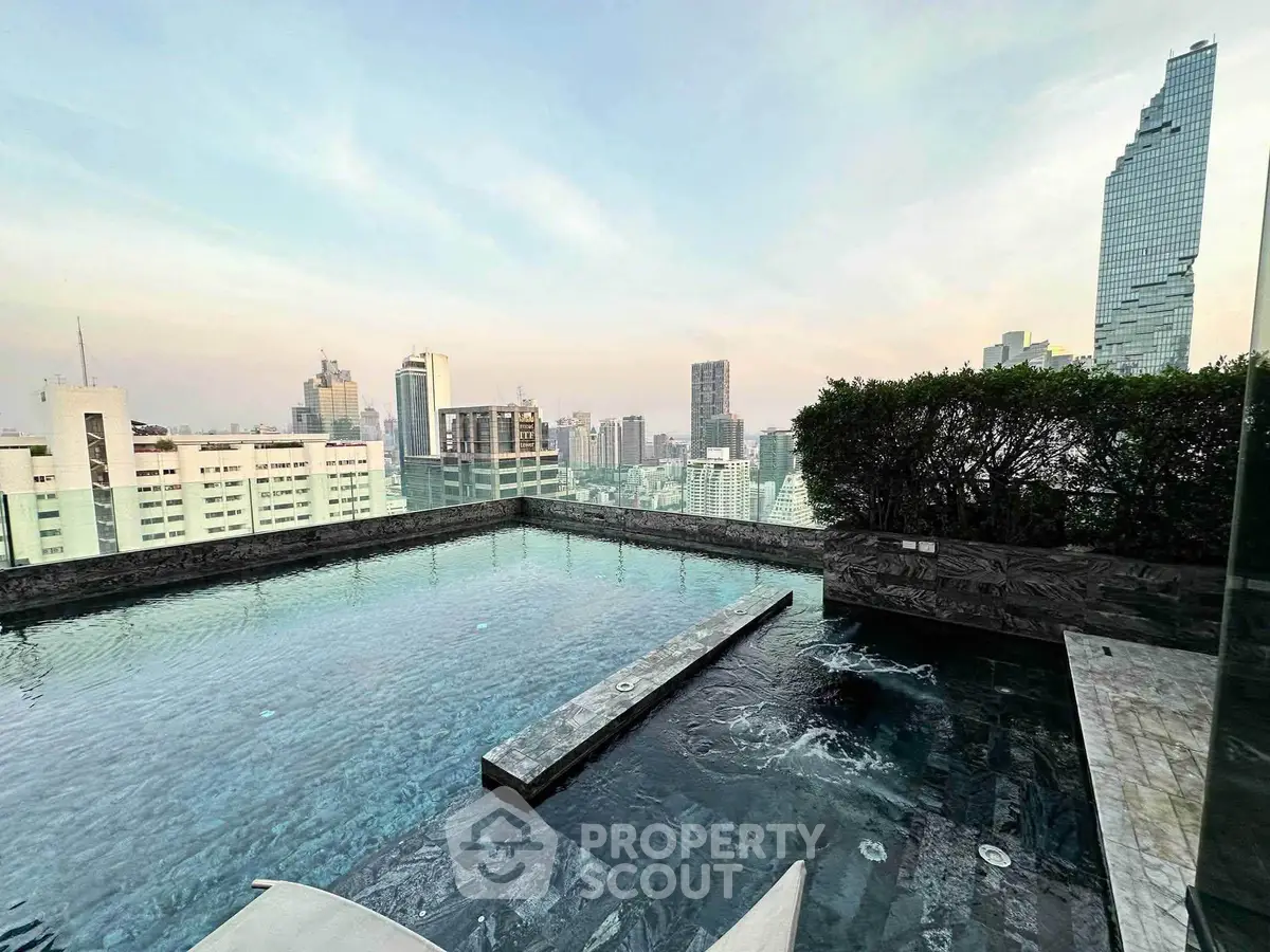Luxurious rooftop pool with stunning city skyline view, perfect for relaxation and entertainment.
