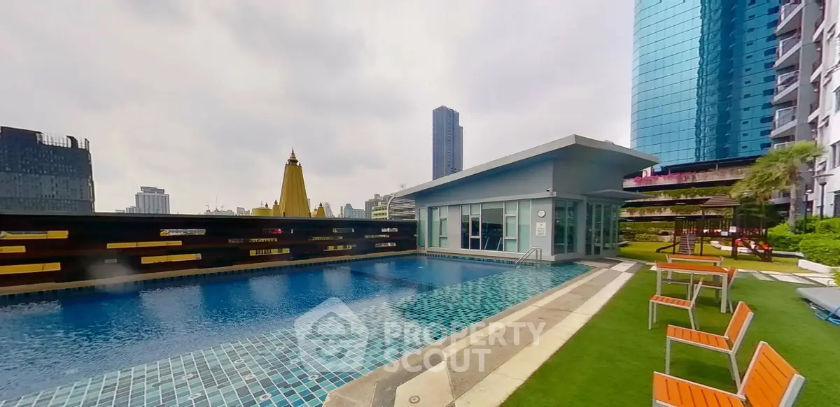 Luxurious rooftop pool with stunning city views and modern amenities in a high-rise building.