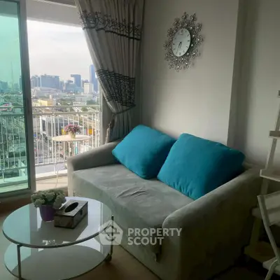 Chic living room with city view and cozy sofa in modern apartment