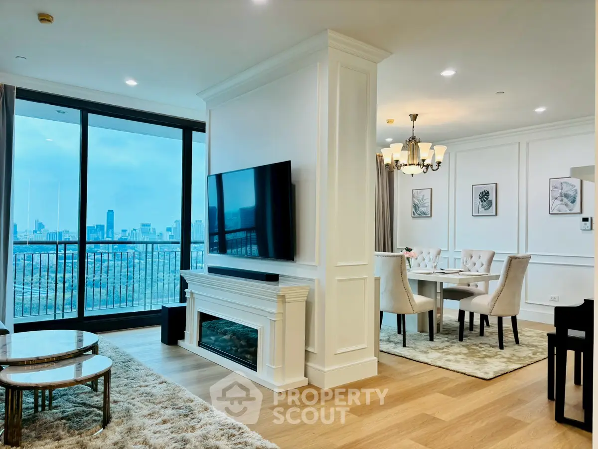 Luxurious open-plan living and dining area with city view and elegant decor