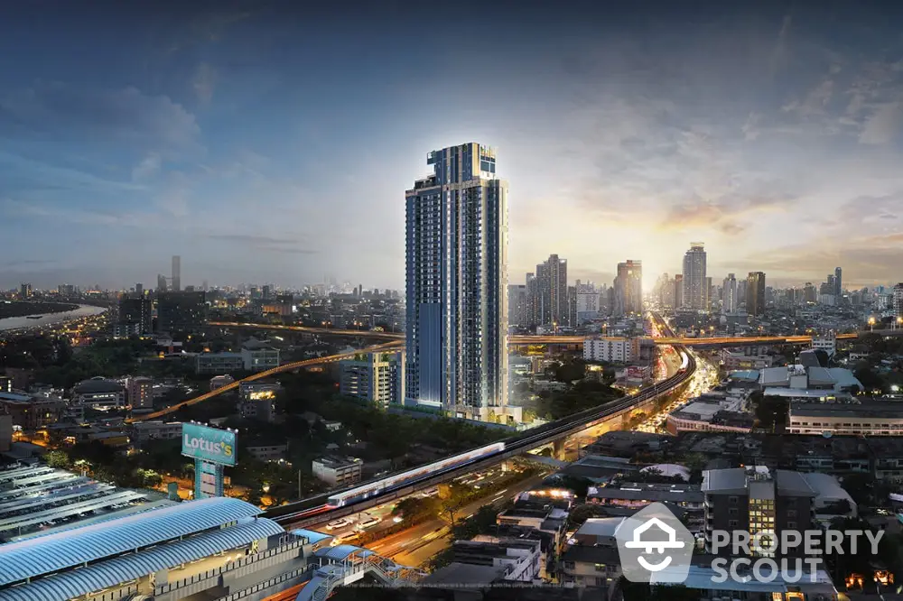 Stunning high-rise building with panoramic cityscape view at dusk, showcasing urban luxury living.