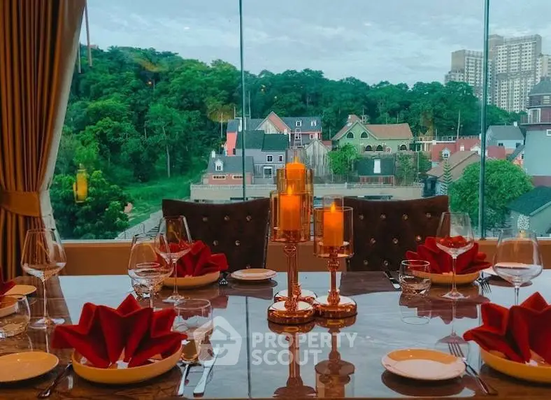 Luxurious dining room with stunning cityscape view through large window, elegant table setting with candles.